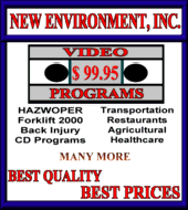 Safety Training Videos: New Environment, Inc. provides train-the-trainer training, 40-hour hazardous waste worker training, 8-hour hazwoper refresher, 8-hour supervisor and hazard communication (hazcom) training for all industries. We also offer self-study and self study osha hazardous waste operations and emergency response (hazwoper) training, and osha hazardous waste operations and emergency response (hazwoper) train the trainer training in English.